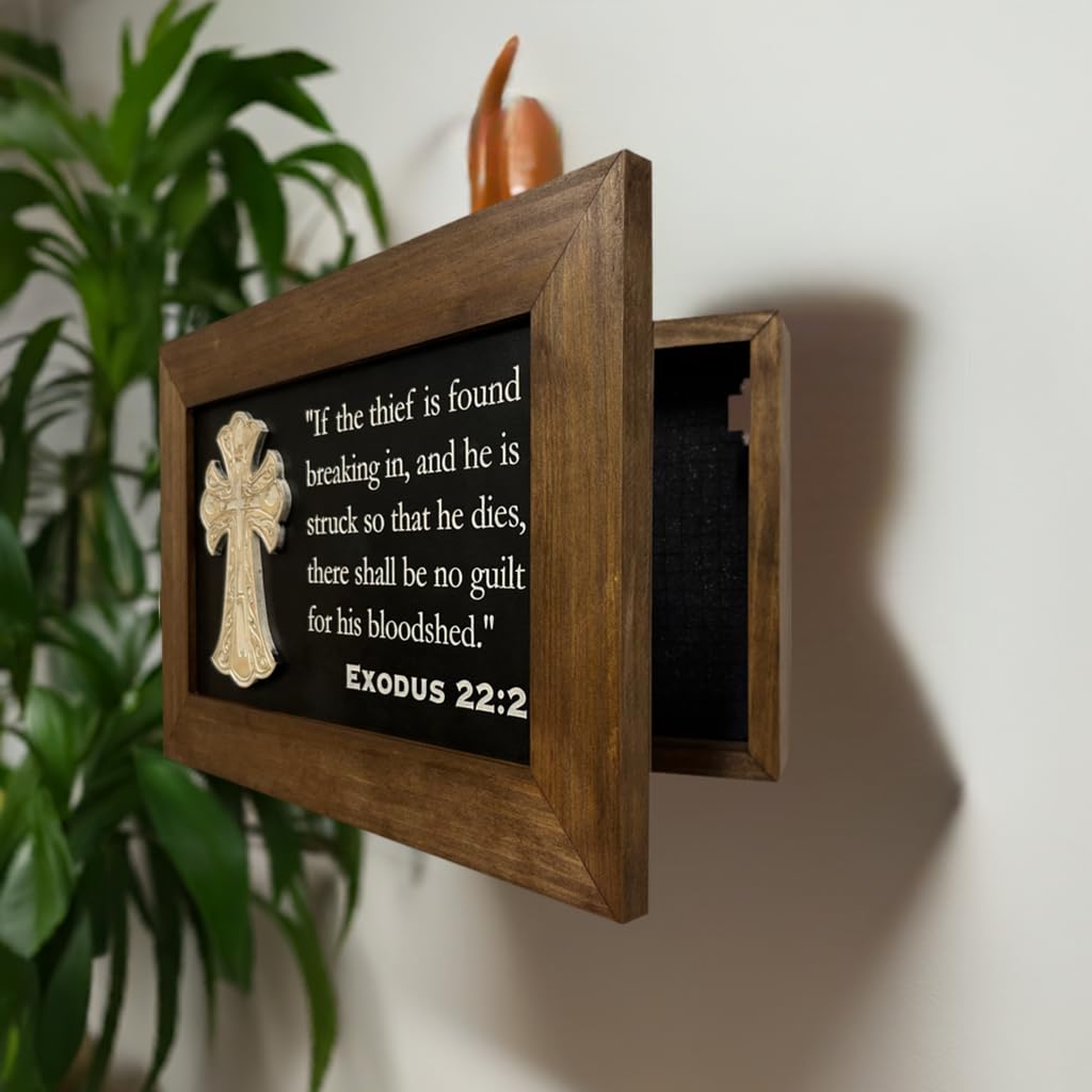 Hidden Gun Storage Wall Mounted Concealed Gun Safe Cross with Bible Verse Design - Secure your Firearm, Exodus 22:2 by Bellewood Designs