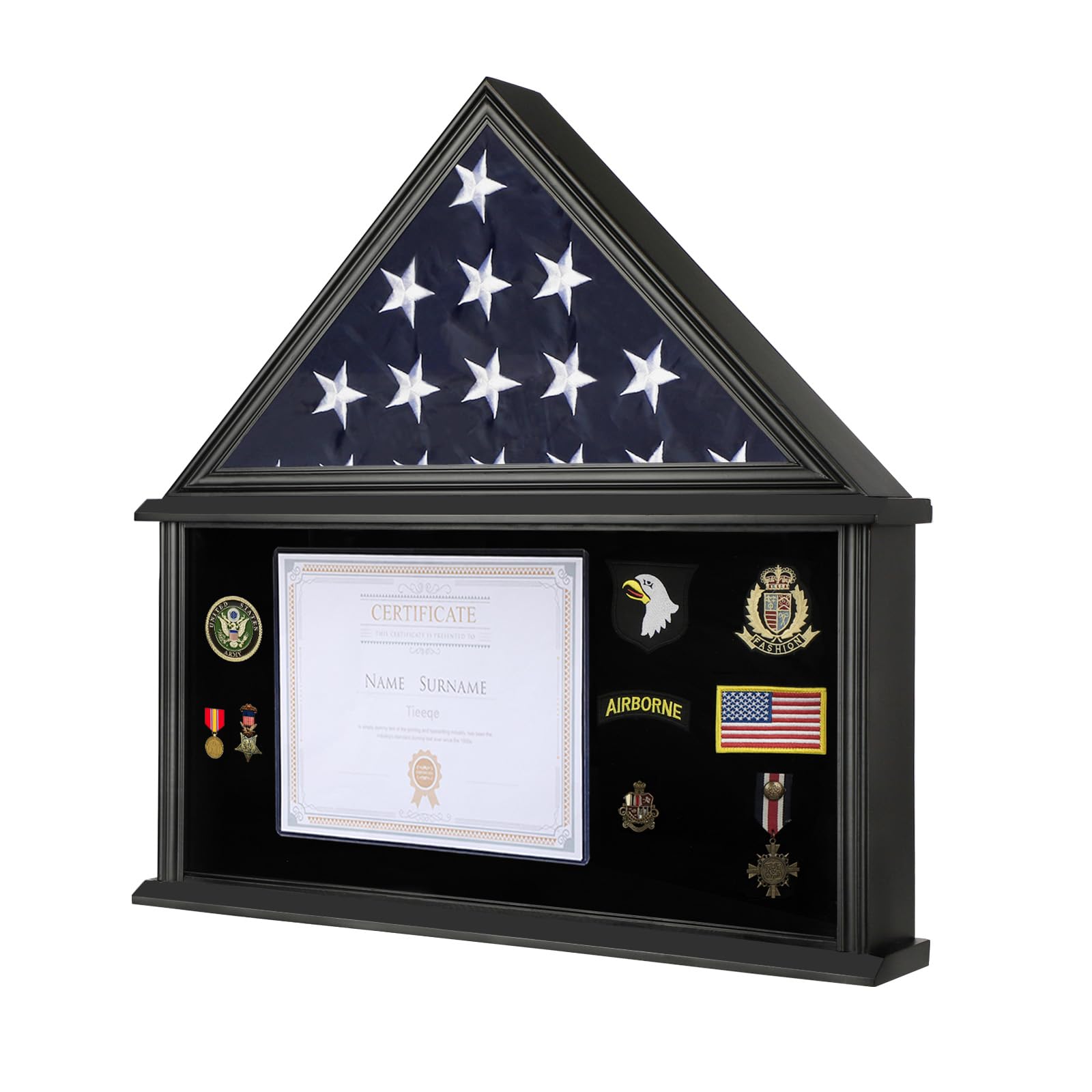Large Military Shadow Box Solid Wood Burial Flag Display Case for American Veteran Flag Display Fit a Folded 5'x9.5' Flag Military Flag Display Case with Certificate Holder, Mahogany Finish