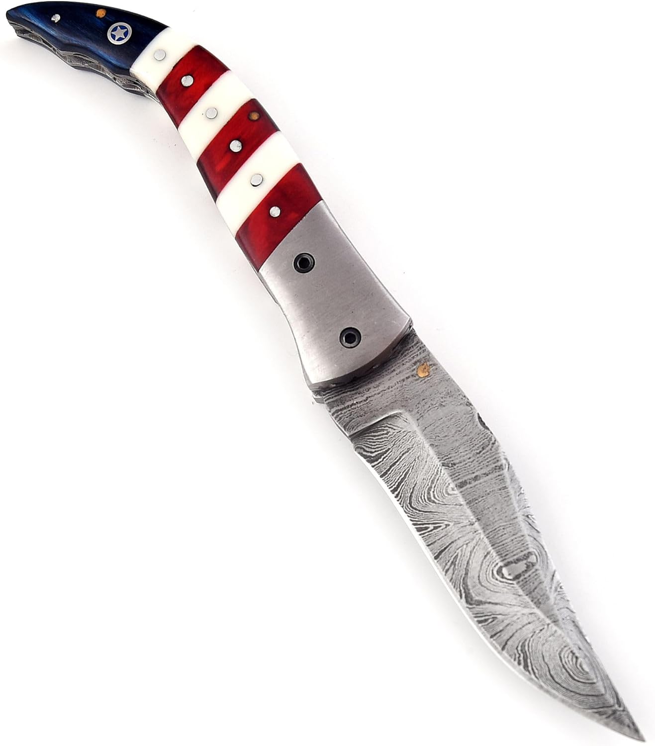 Handmade Damascus Steel Folding Hunting Knives For Men, Pocket Knife For Camping, Survival, Skinning And Outdoor With Leather Sheath.