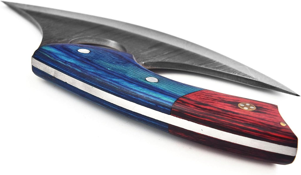 Handmade Damascus Ullu Knife Pizza Cutter Multi-Purpose Damascus Knives For Skinning, Hunting, Chopping, (Blue & Red Pakka Wood) 1616