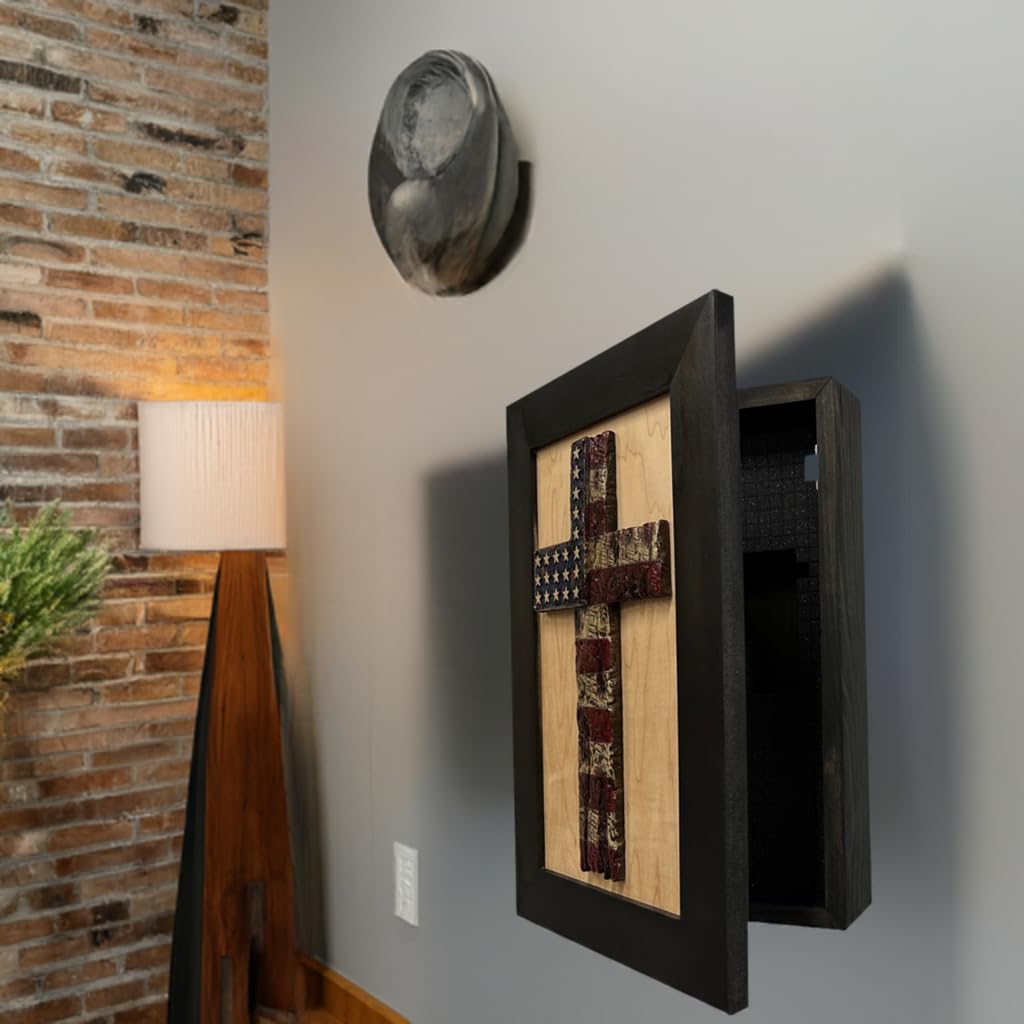 Hidden Gun Storage Cabinet with American Flag Cross, Decorative Wall-Mounted Secure Concealed Gun Shelf American Flag Cross by Bellewood Designs