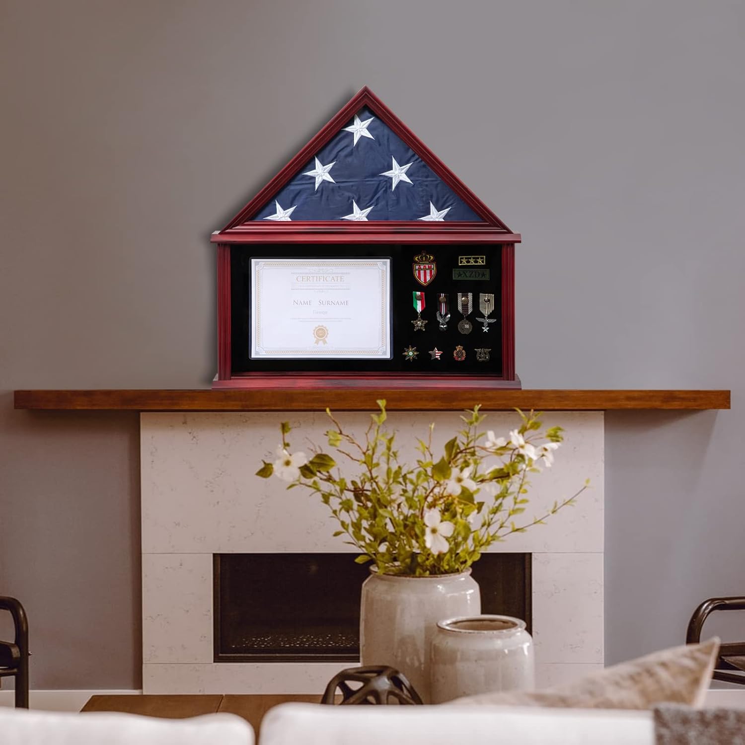 Large Military Shadow Box Solid Wood Burial Flag Display Case for American Veteran Flag Display Fit a Folded 5'x9.5' Flag Military Flag Display Case with Certificate Holder, Mahogany Finish