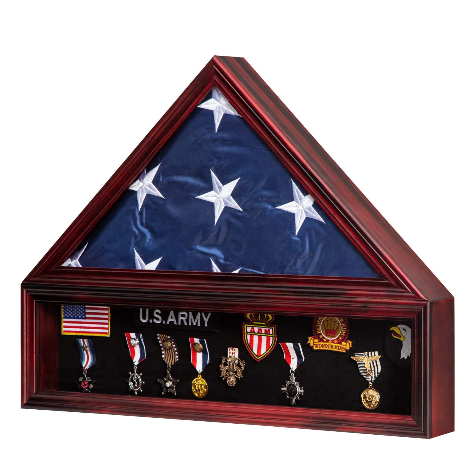 Large Military Shadow Box Solid Wood Burial Flag Display Case for American Veteran Flag Display Fit a Folded 5'x9.5' Flag Military Flag Display Case with Certificate Holder, Mahogany Finish