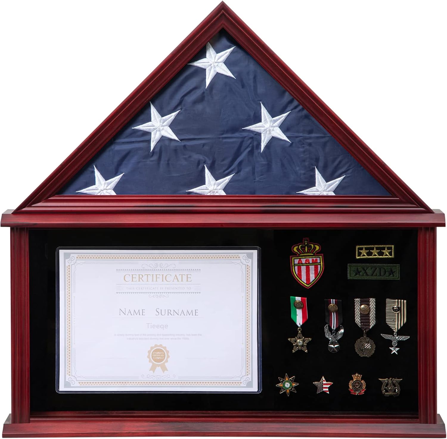 Large Military Shadow Box Solid Wood Burial Flag Display Case for American Veteran Flag Display Fit a Folded 5'x9.5' Flag Military Flag Display Case with Certificate Holder, Mahogany Finish