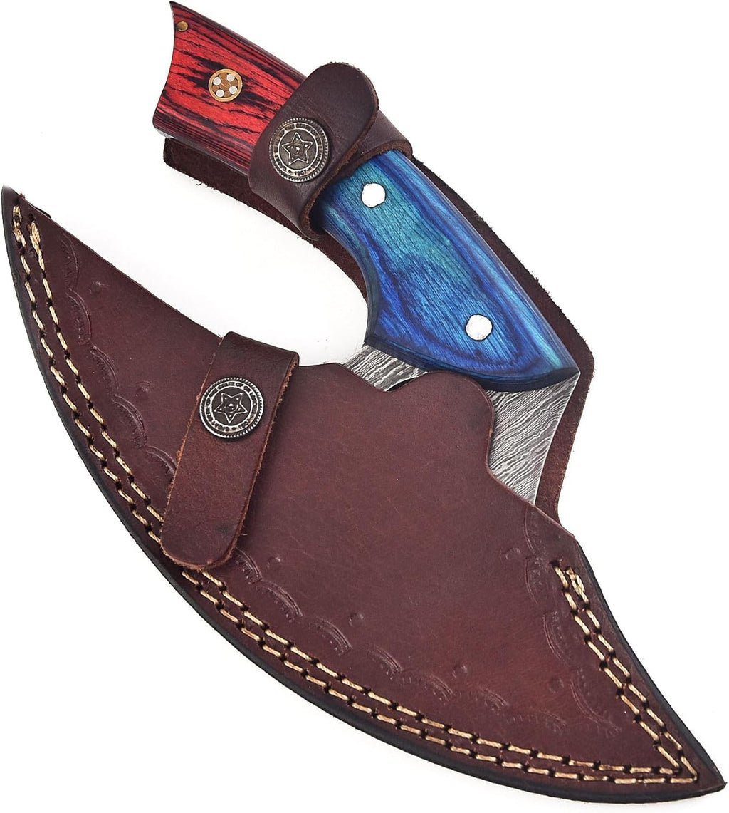 Handmade Damascus Ullu Knife Pizza Cutter Multi-Purpose Damascus Knives For Skinning, Hunting, Chopping, (Blue & Red Pakka Wood) 1616