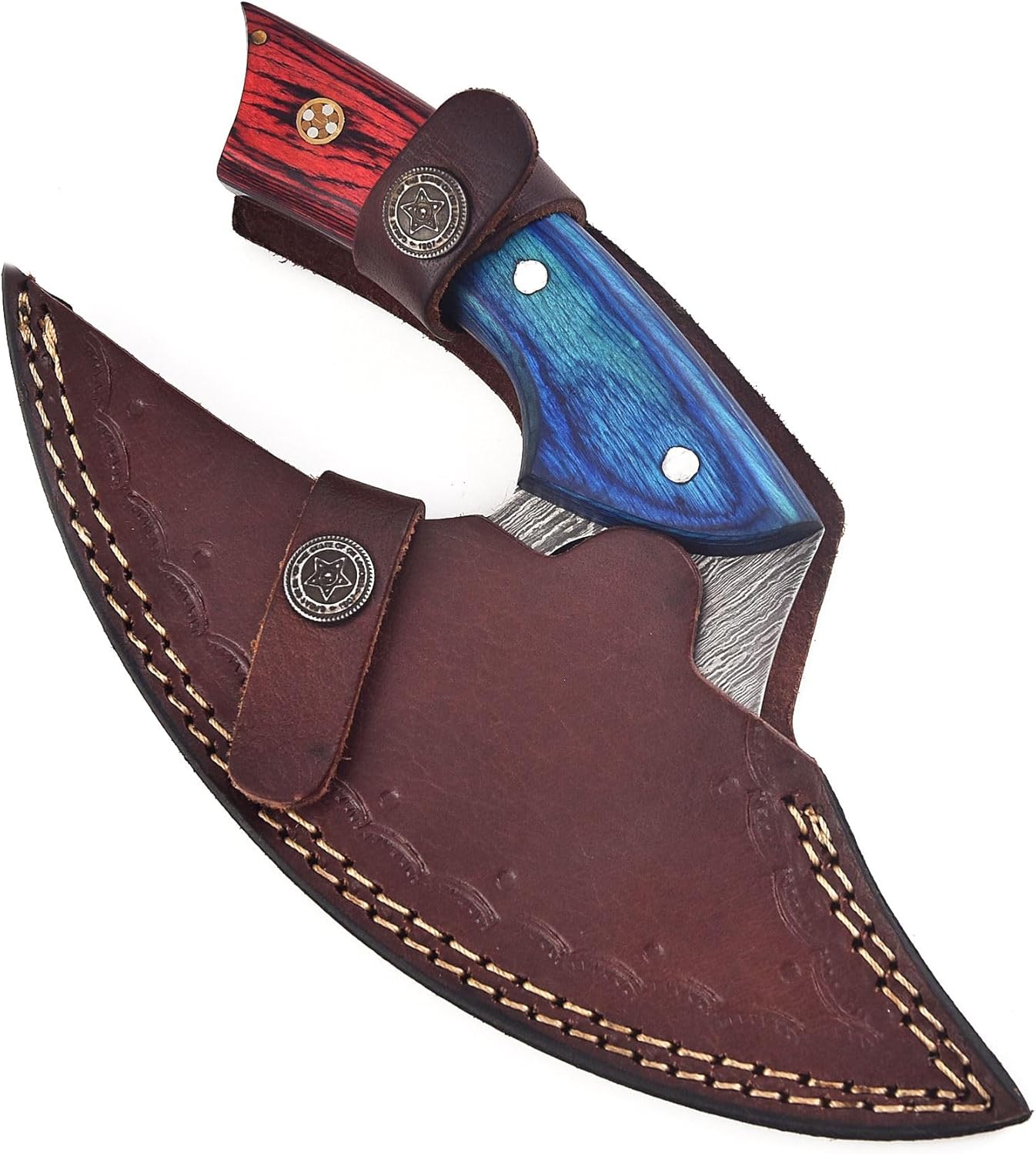 Handmade Damascus Ullu Knife Pizza Cutter Multi-Purpose Damascus Knives For Skinning, Hunting, Chopping, (Blue & Red Pakka Wood) 1616