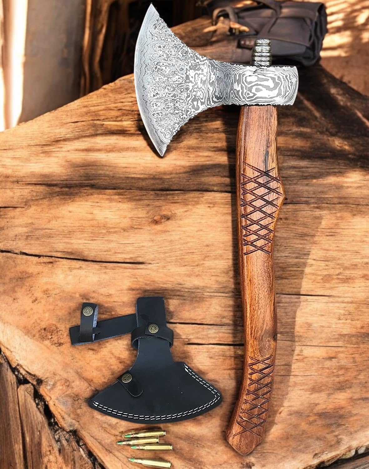 AX-7000 Custom Gift Forged Carbon Steel Viking Axe with Rose Wood Shaft, Viking Bearded Camping Axe