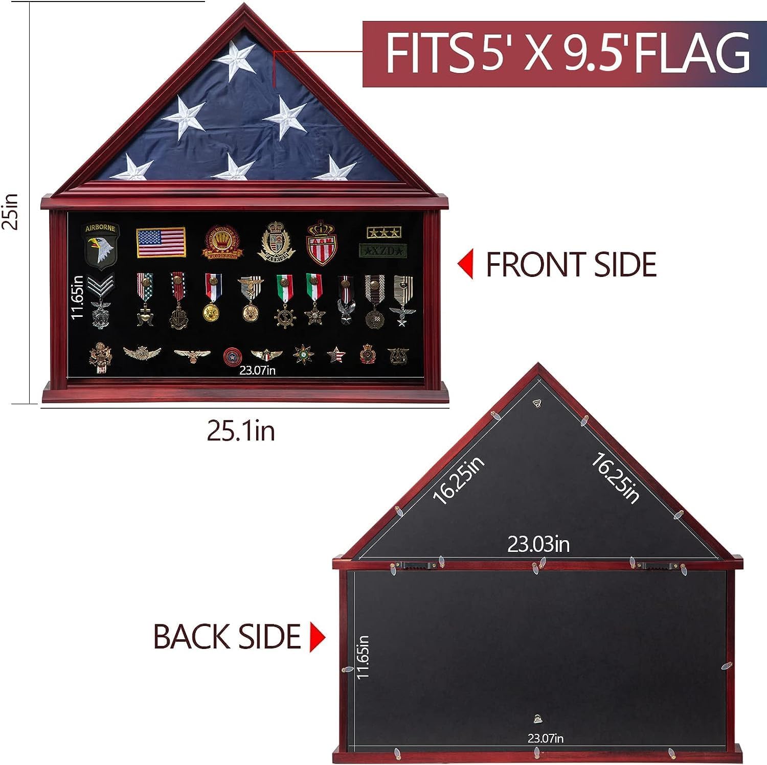 Large Military Shadow Box Solid Wood Burial Flag Display Case for American Veteran Flag Display Fit a Folded 5'x9.5' Flag Military Flag Display Case with Certificate Holder, Mahogany Finish