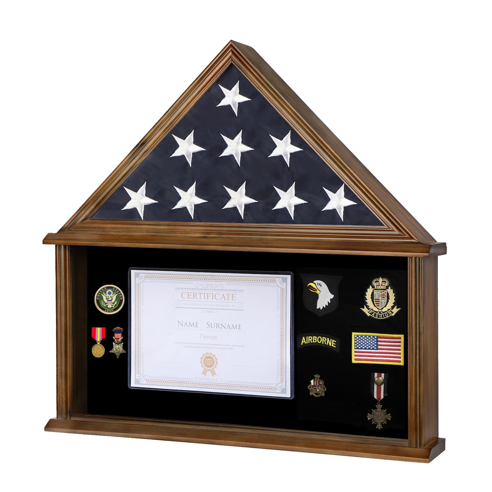 Large Military Shadow Box Solid Wood Burial Flag Display Case for American Veteran Flag Display Fit a Folded 5'x9.5' Flag Military Flag Display Case with Certificate Holder, Mahogany Finish