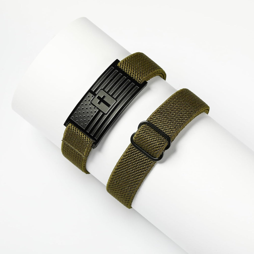 American Flag Cross Bible Verse Bracelets for Men, Military Green Elastic Stretch Strap Adjustable Jewelry Christian Religious Gifts for Teen Boys