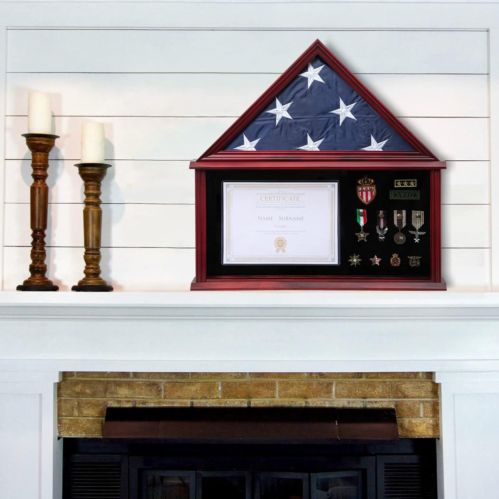 Large Military Shadow Box Solid Wood Burial Flag Display Case for American Veteran Flag Display Fit a Folded 5'x9.5' Flag Military Flag Display Case with Certificate Holder, Mahogany Finish