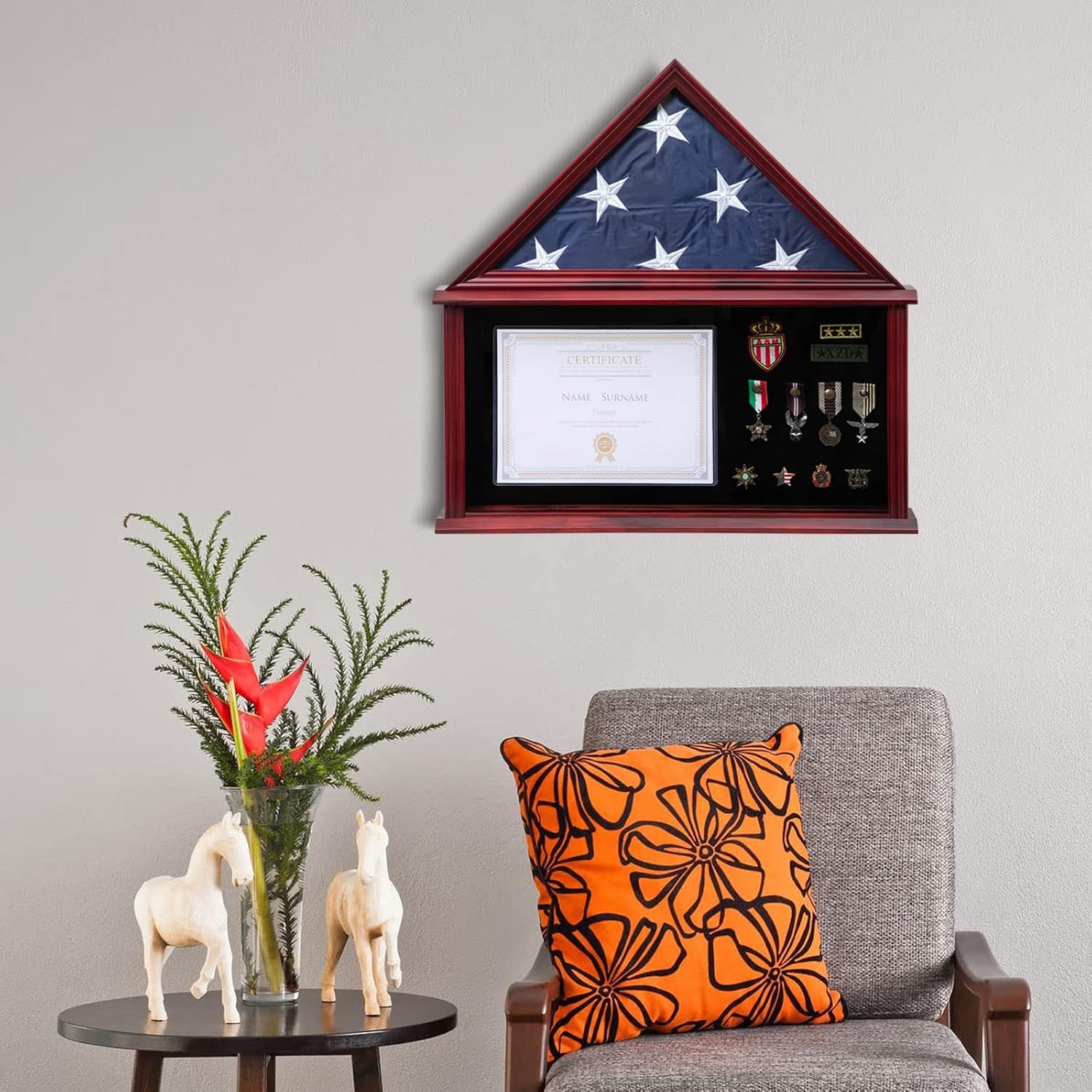 Large Military Shadow Box Solid Wood Burial Flag Display Case for American Veteran Flag Display Fit a Folded 5'x9.5' Flag Military Flag Display Case with Certificate Holder, Mahogany Finish