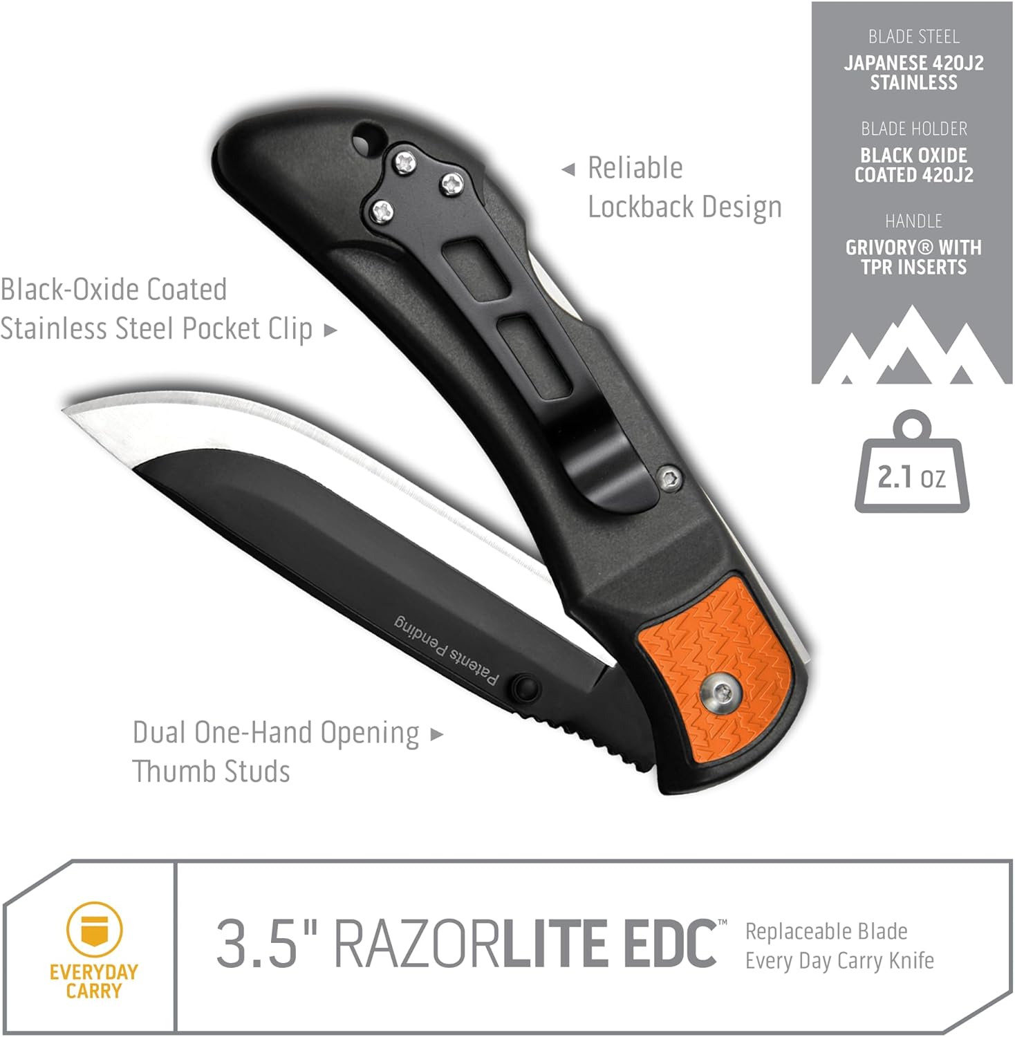 OUTDOOR EDGE 3.5" RazorLite EDC Knife. Pocket Knife with Replaceable Blades and Clip. Perfect For Hunting & Skinning Deer. Blaze Orange with 30 Blades.