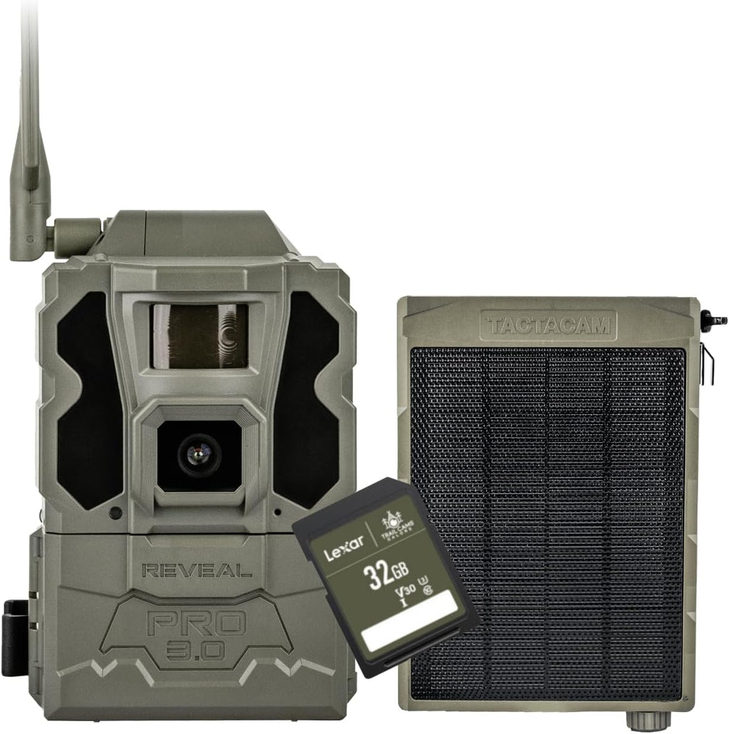 TACTACAM Reveal Pro 3.0 Cellular Trail Camera - Multi-Cellular Network, GPS, 2" LCD, No-Glow IR, Wi-Fi Enabled, HD Photos & 1080p Videos, Long Battery Life + Reveal Solar Panel and 32GB SD Card