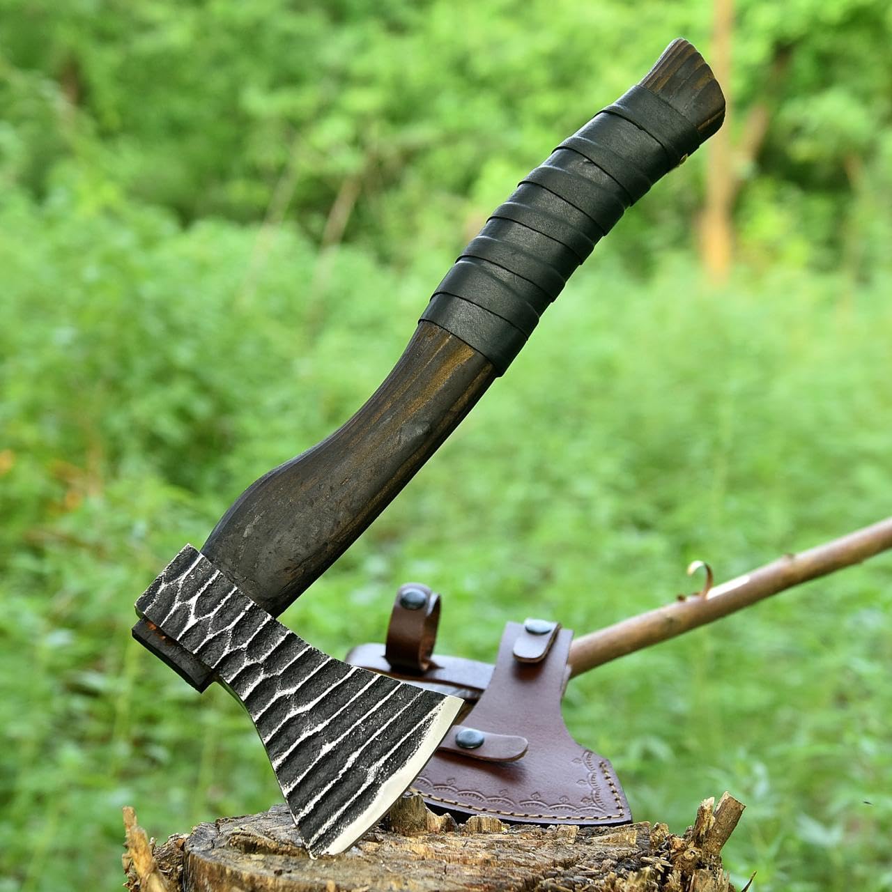 AX-7000 Custom Gift Forged Carbon Steel Viking Axe with Rose Wood Shaft, Viking Bearded Camping Axe