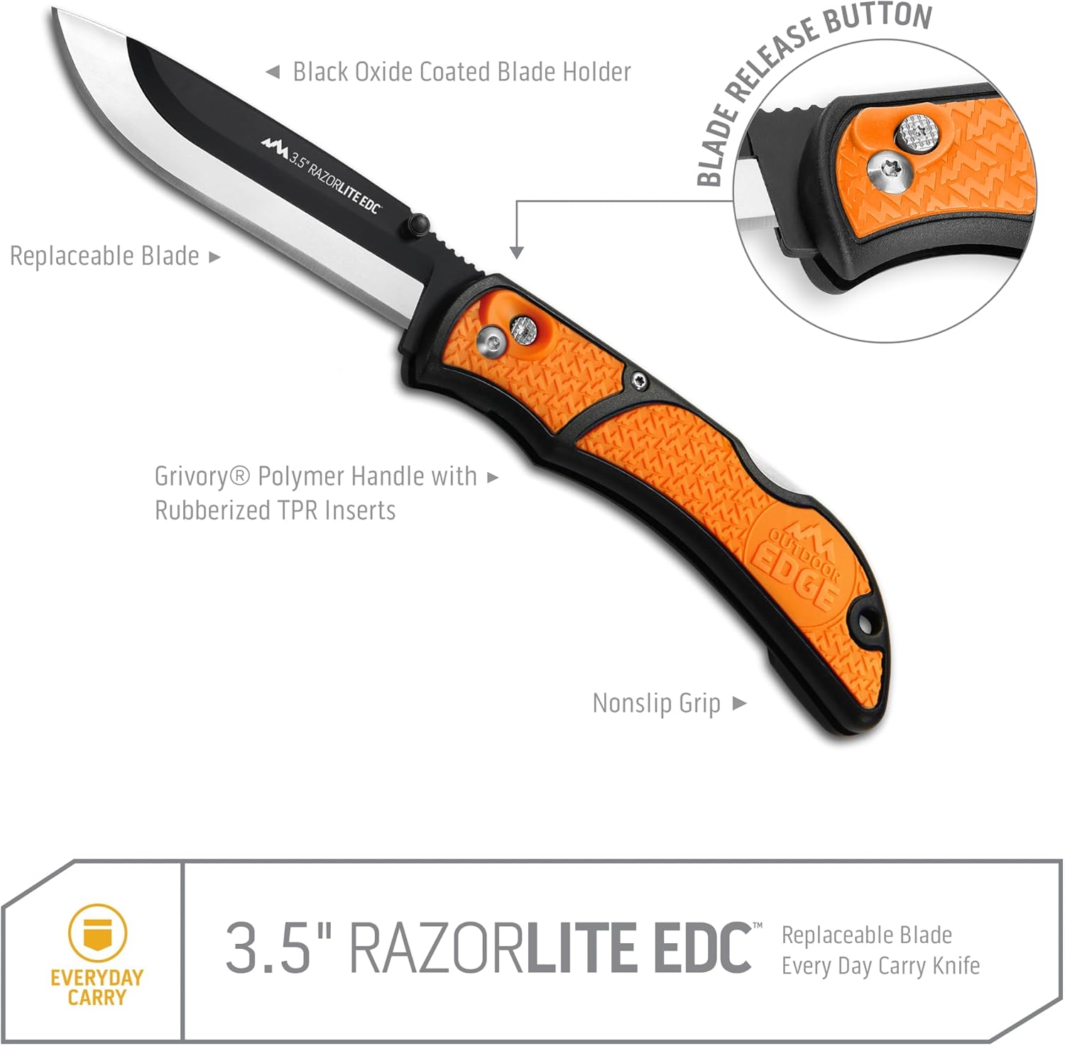 OUTDOOR EDGE 3.5" RazorLite EDC Knife. Pocket Knife with Replaceable Blades and Clip. Perfect For Hunting & Skinning Deer. Blaze Orange with 30 Blades.