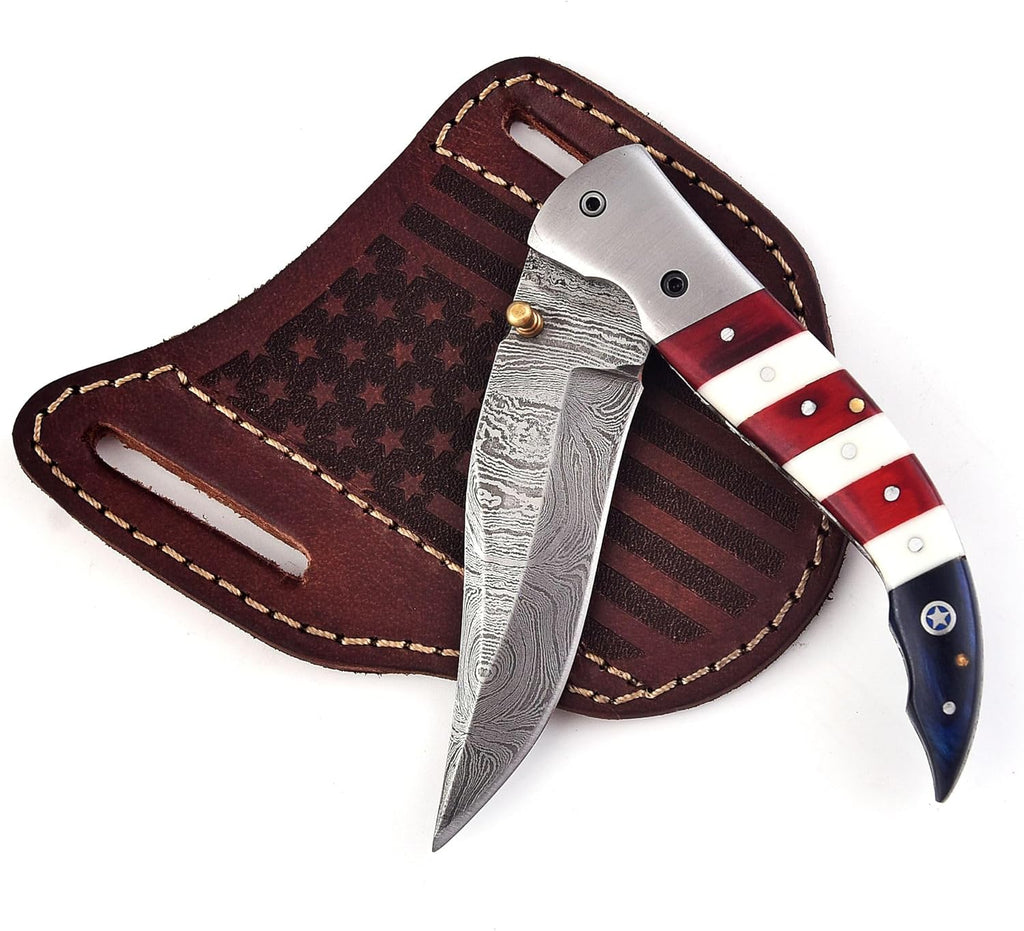 Handmade Damascus Steel Folding Hunting Knives For Men, Pocket Knife For Camping, Survival, Skinning And Outdoor With Leather Sheath.