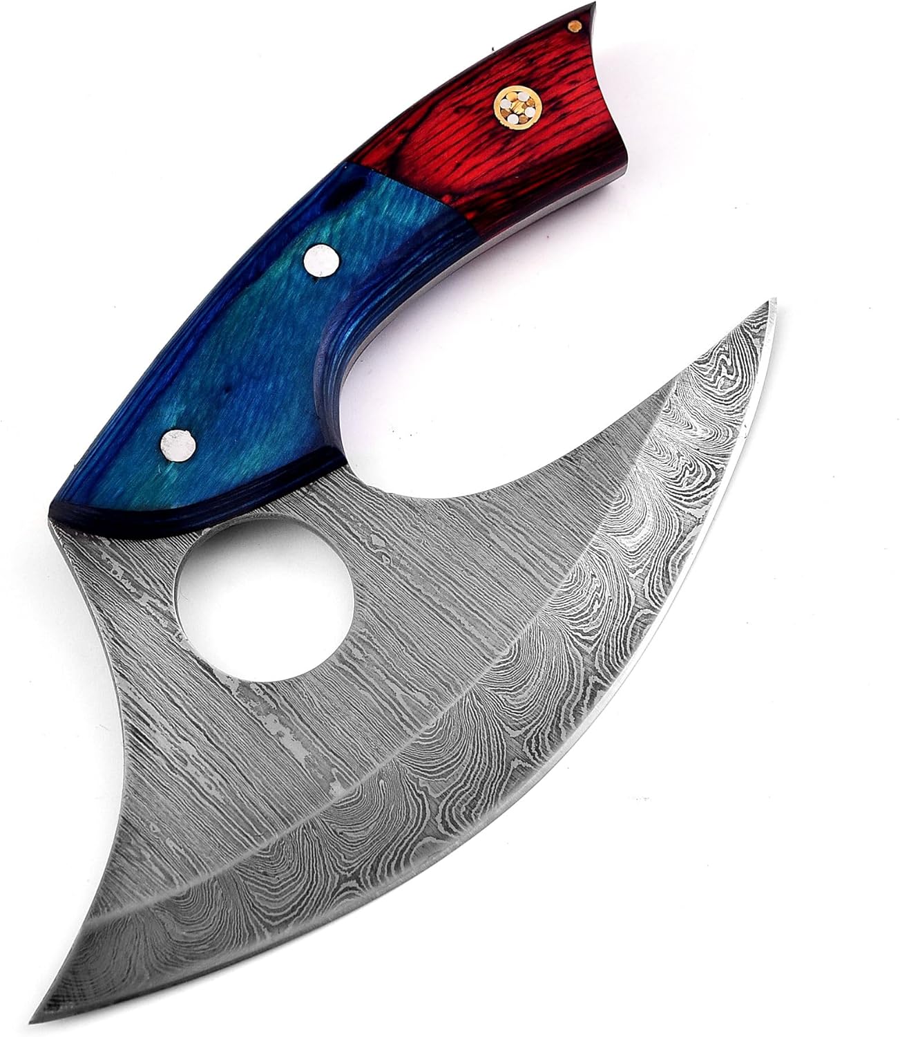 Handmade Damascus Ullu Knife Pizza Cutter Multi-Purpose Damascus Knives For Skinning, Hunting, Chopping, (Blue & Red Pakka Wood) 1616