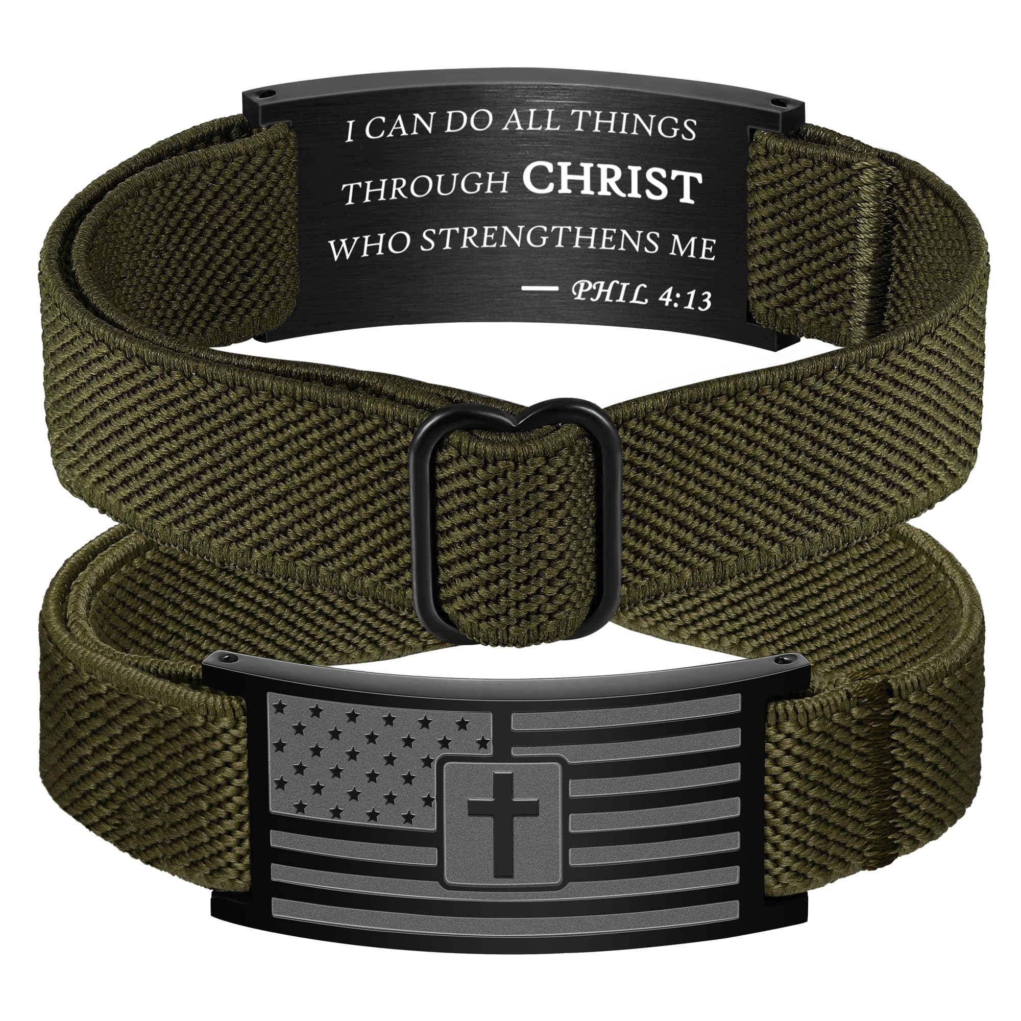 American Flag Cross Bible Verse Bracelets for Men, Military Green Elastic Stretch Strap Adjustable Jewelry Christian Religious Gifts for Teen Boys
