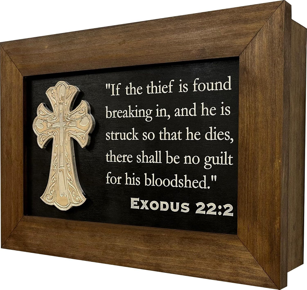 Hidden Gun Storage Wall Mounted Concealed Gun Safe Cross with Bible Verse Design - Secure your Firearm, Exodus 22:2 by Bellewood Designs
