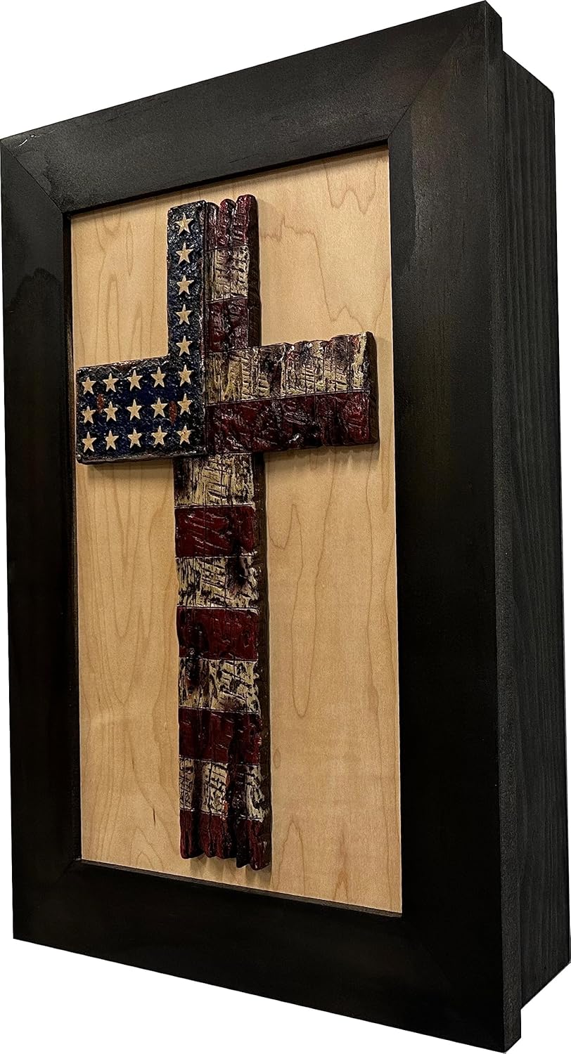 Hidden Gun Storage Cabinet with American Flag Cross, Decorative Wall-Mounted Secure Concealed Gun Shelf American Flag Cross by Bellewood Designs