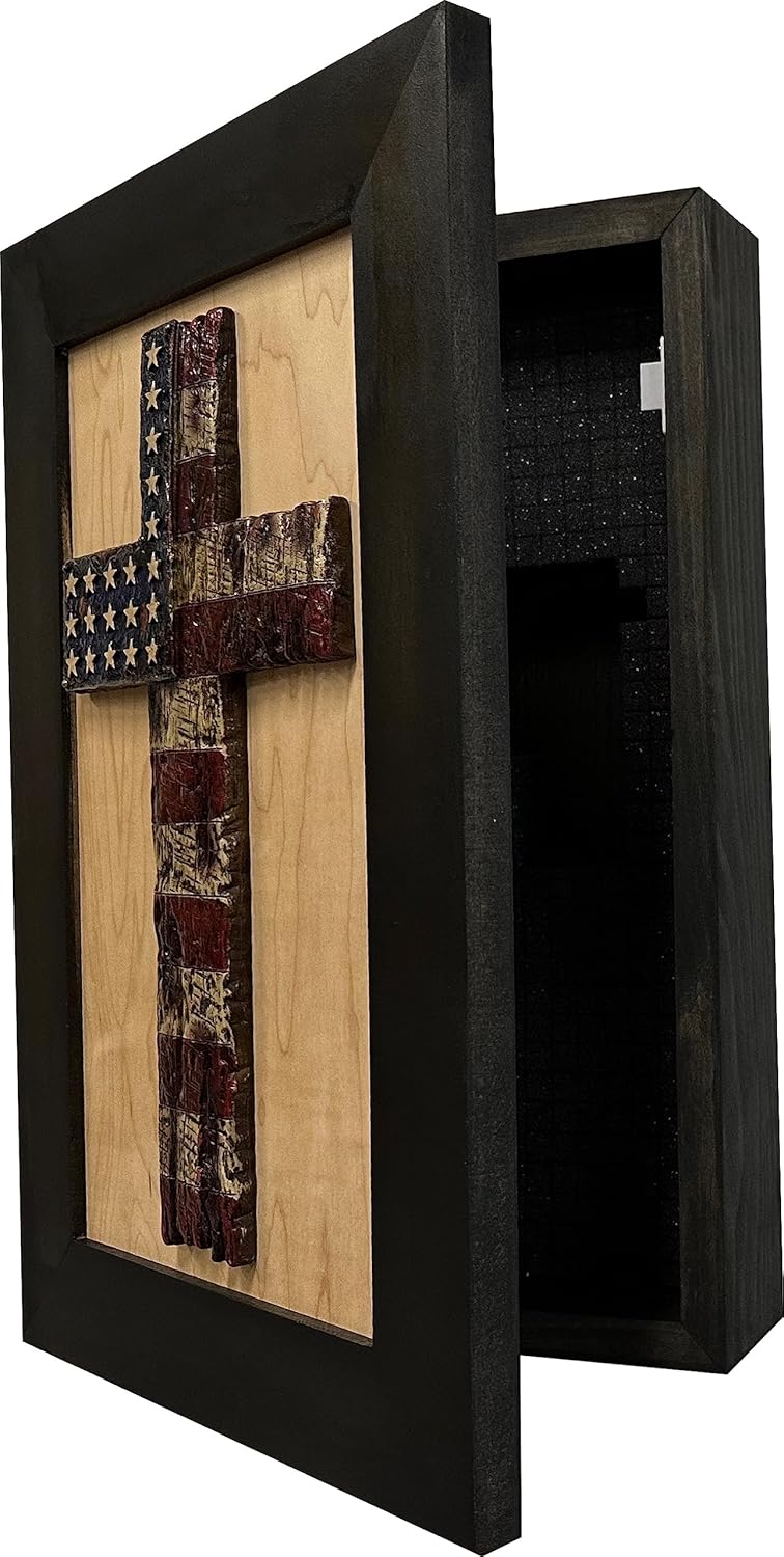 Hidden Gun Storage Cabinet with American Flag Cross, Decorative Wall-Mounted Secure Concealed Gun Shelf American Flag Cross by Bellewood Designs