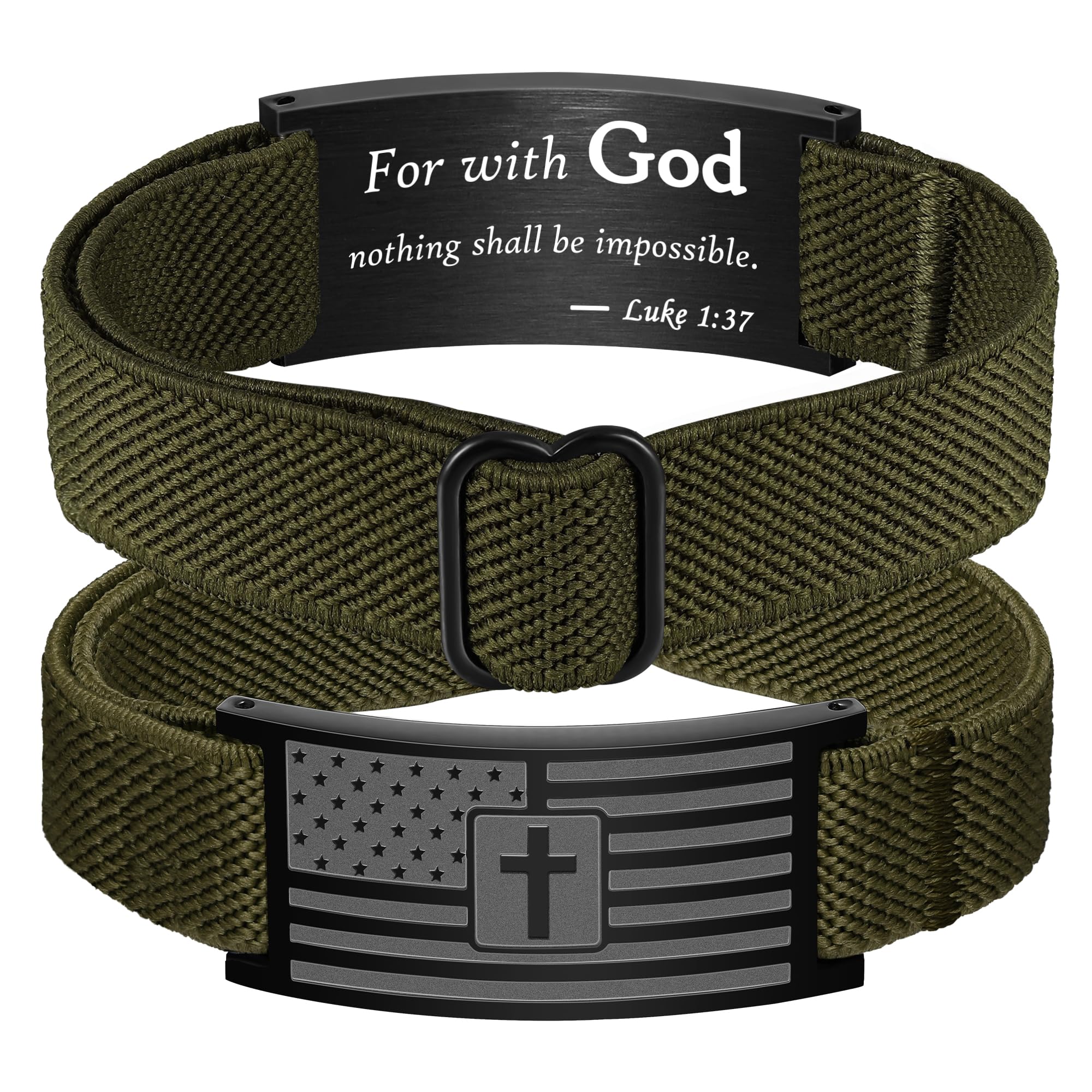 American Flag Cross Bible Verse Bracelets for Men, Military Green Elastic Stretch Strap Adjustable Jewelry Christian Religious Gifts for Teen Boys