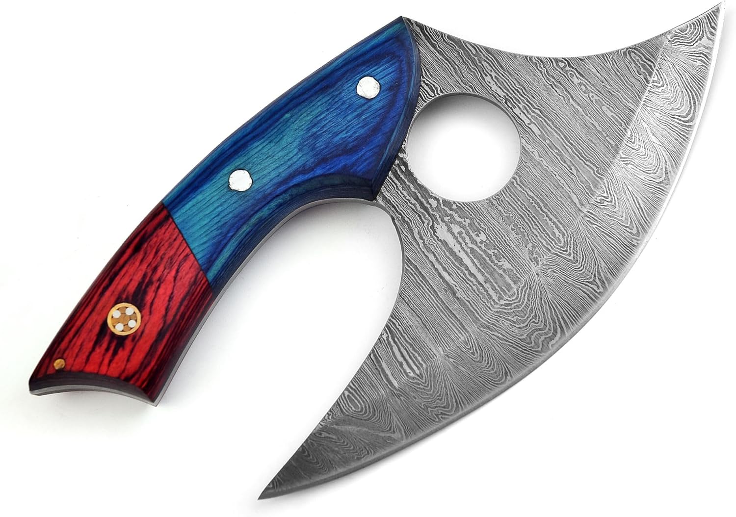 Handmade Damascus Ullu Knife Pizza Cutter Multi-Purpose Damascus Knives For Skinning, Hunting, Chopping, (Blue & Red Pakka Wood) 1616