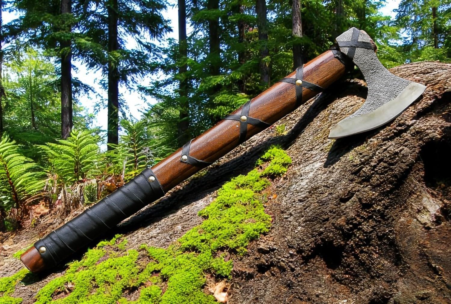 AX-7000 Custom Gift Forged Carbon Steel Viking Axe with Rose Wood Shaft, Viking Bearded Camping Axe