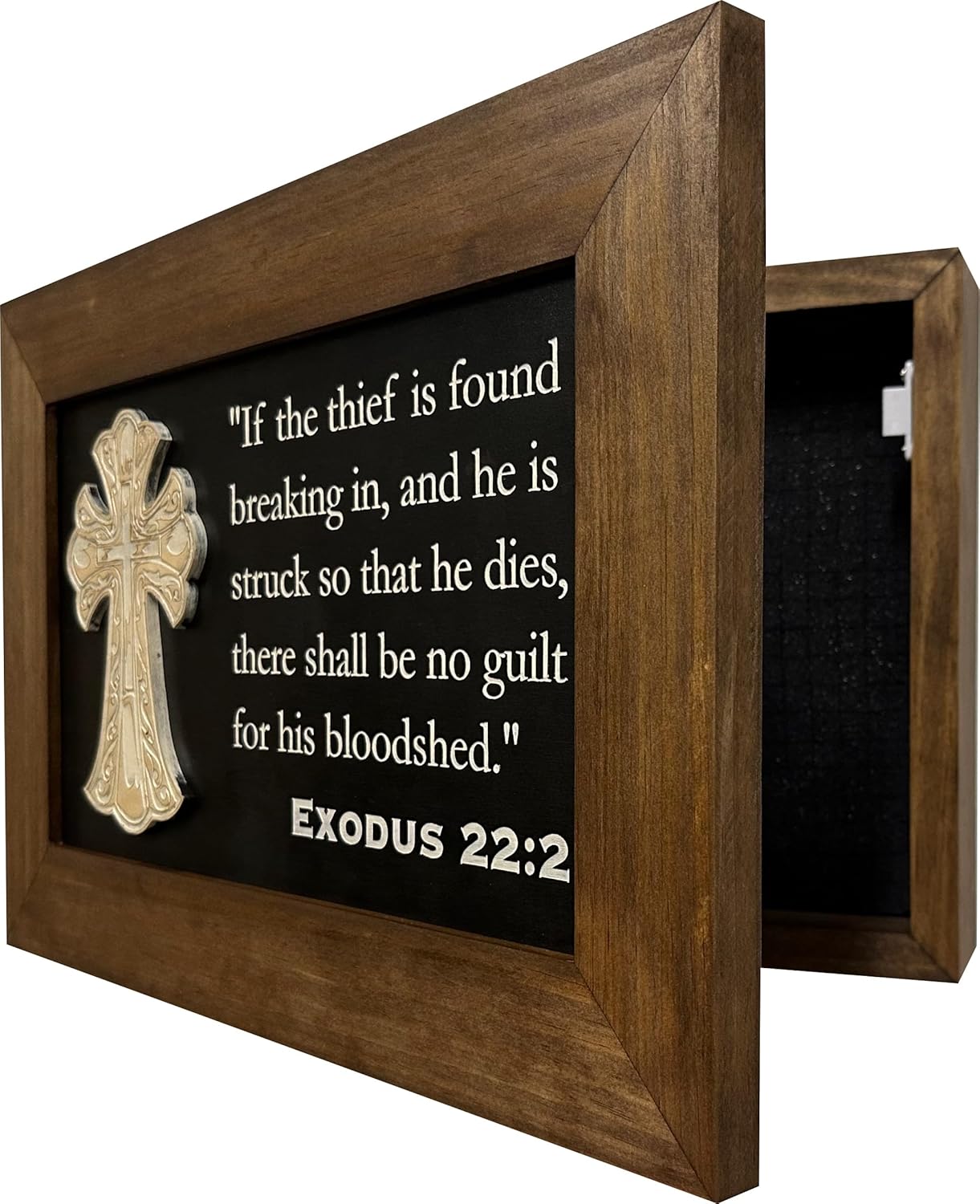 Hidden Gun Storage Wall Mounted Concealed Gun Safe Cross with Bible Verse Design - Secure your Firearm, Exodus 22:2 by Bellewood Designs