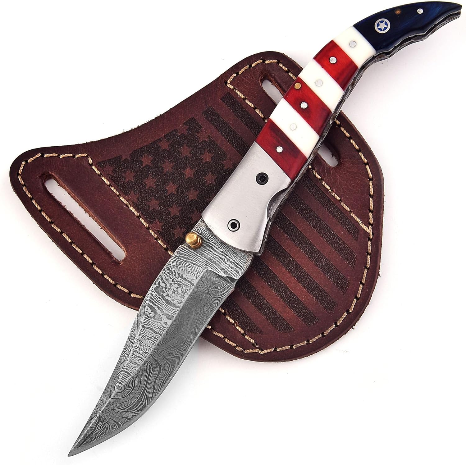 Handmade Damascus Steel Folding Hunting Knives For Men, Pocket Knife For Camping, Survival, Skinning And Outdoor With Leather Sheath.