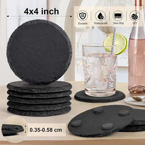 60 PCS Slate Coasters Bulk, MAPRIAL 4 Inch 30PCS Black Round, 30PCS Hexagon Stone Coasters for Laser Engraving, Handmade Drink Coaster Engravable Blanks Material for Engraver, Crafts, Gifts