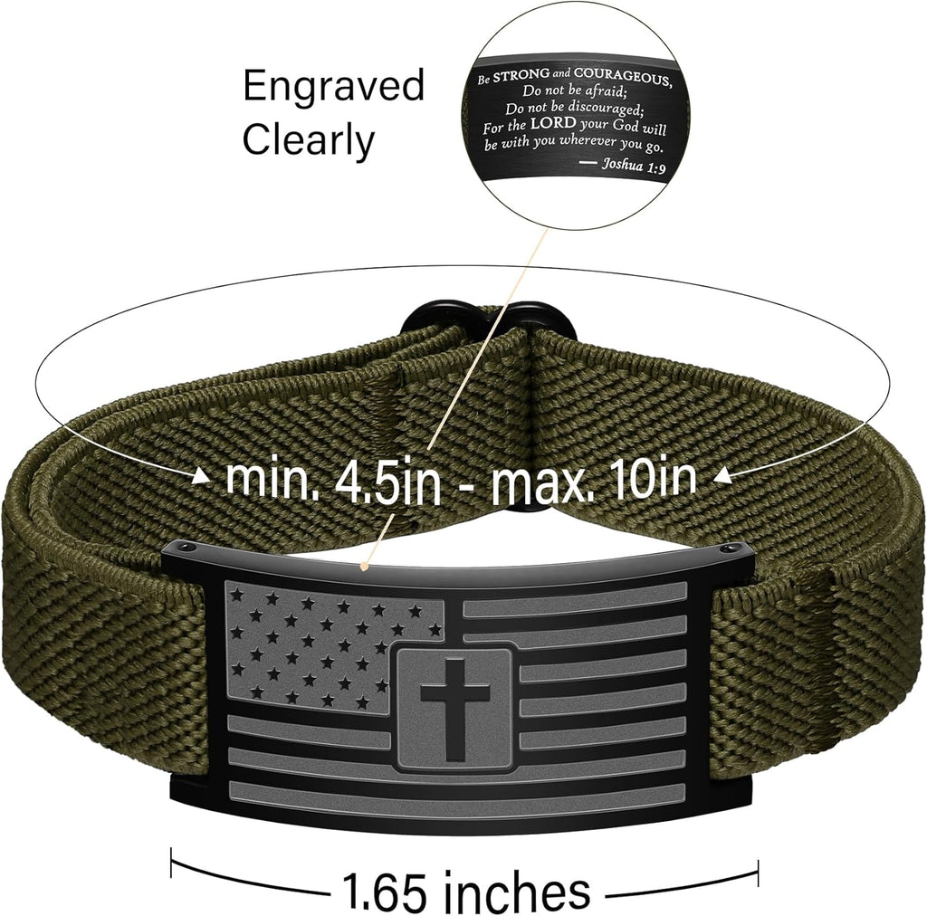 American Flag Cross Bible Verse Bracelets for Men, Military Green Elastic Stretch Strap Adjustable Jewelry Christian Religious Gifts for Teen Boys
