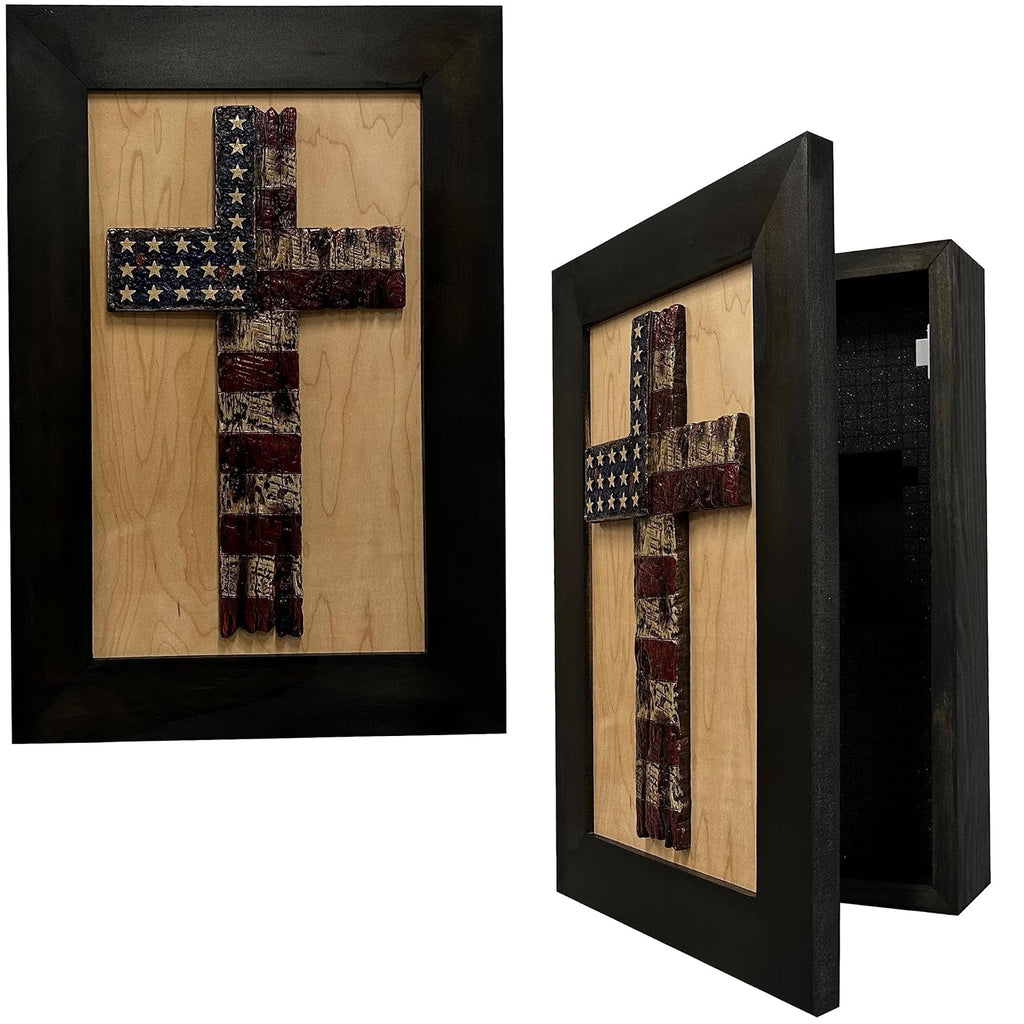Hidden Gun Storage Cabinet with American Flag Cross, Decorative Wall-Mounted Secure Concealed Gun Shelf American Flag Cross by Bellewood Designs