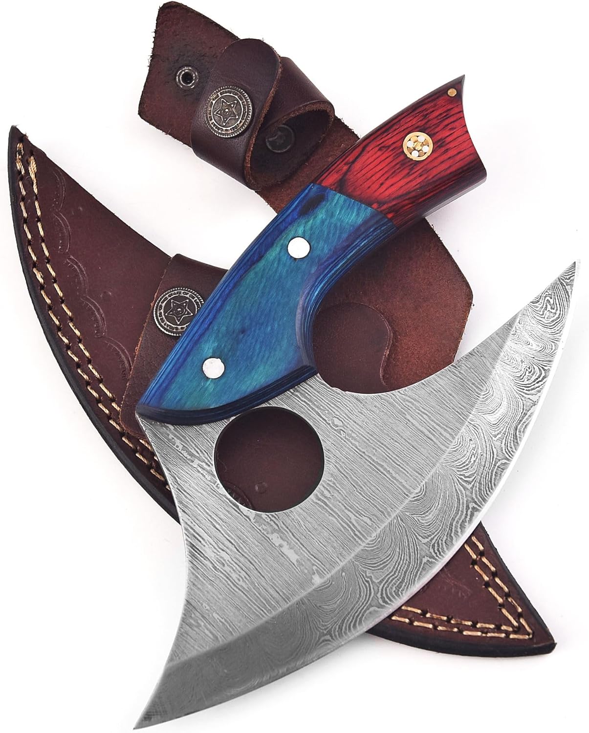 Handmade Damascus Ullu Knife Pizza Cutter Multi-Purpose Damascus Knives For Skinning, Hunting, Chopping, (Blue & Red Pakka Wood) 1616