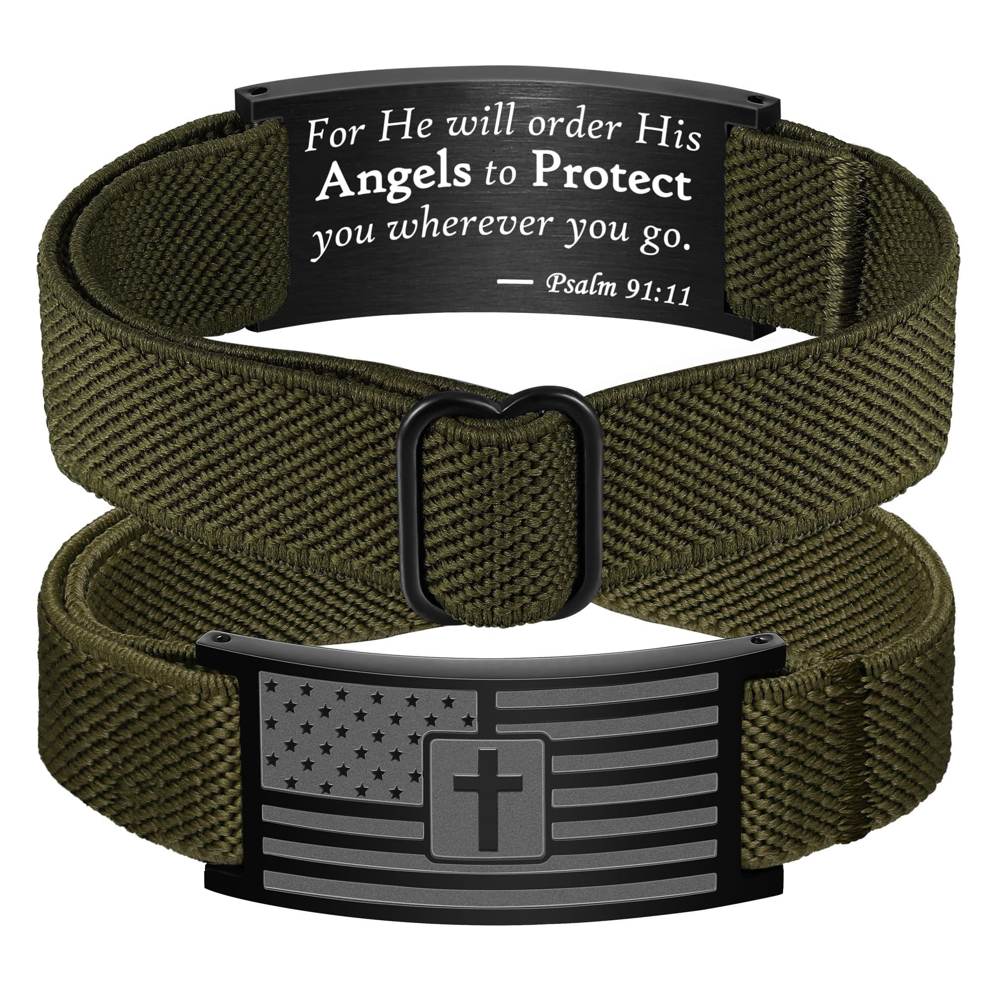 American Flag Cross Bible Verse Bracelets for Men, Military Green Elastic Stretch Strap Adjustable Jewelry Christian Religious Gifts for Teen Boys