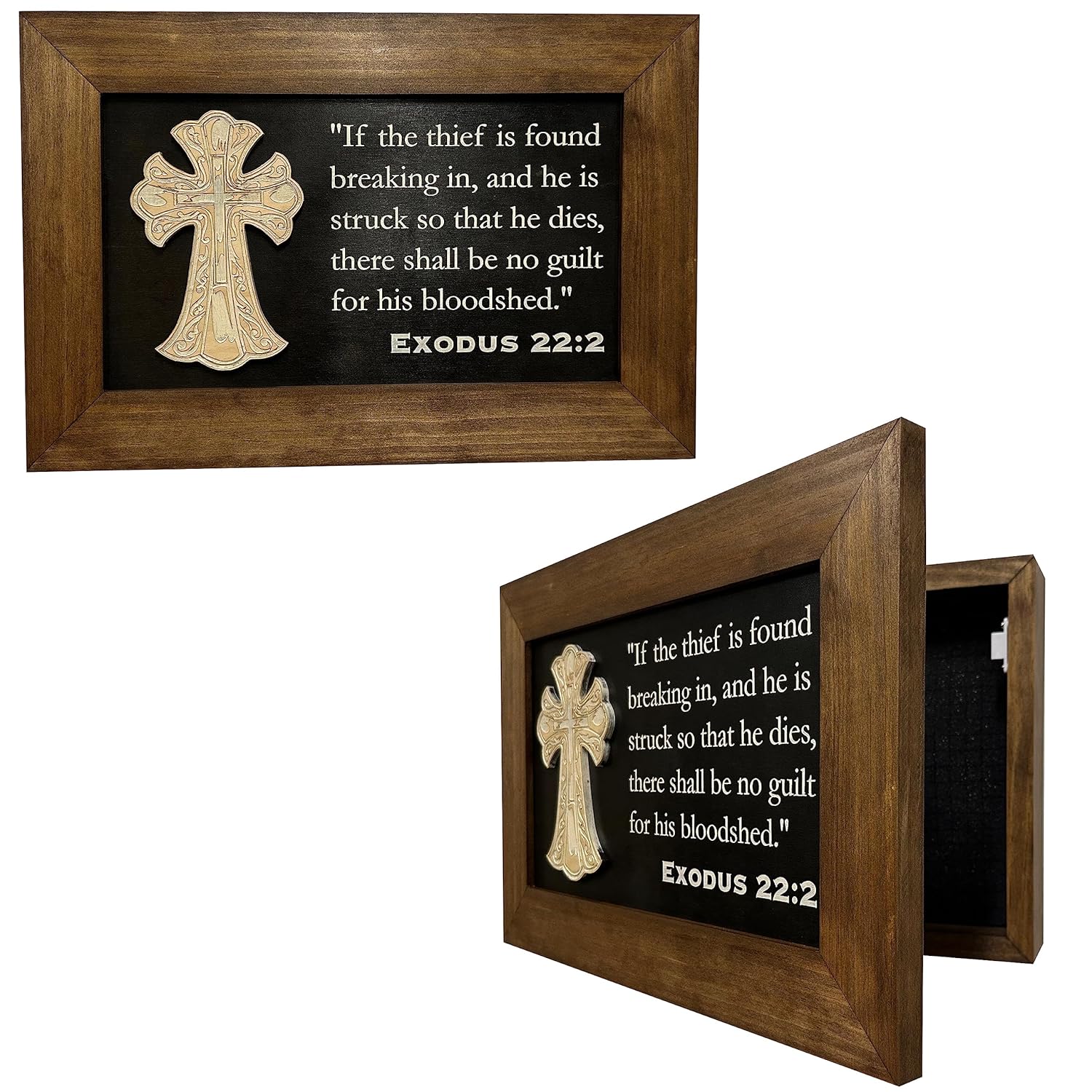 Hidden Gun Storage Wall Mounted Concealed Gun Safe Cross with Bible Verse Design - Secure your Firearm, Exodus 22:2 by Bellewood Designs