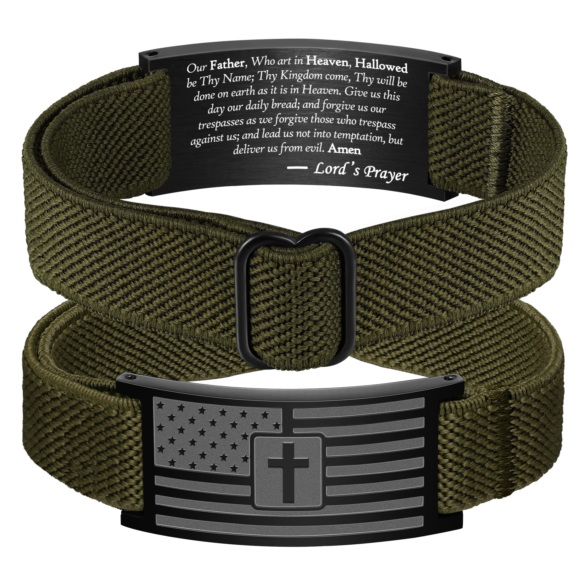American Flag Cross Bible Verse Bracelets for Men, Military Green Elastic Stretch Strap Adjustable Jewelry Christian Religious Gifts for Teen Boys
