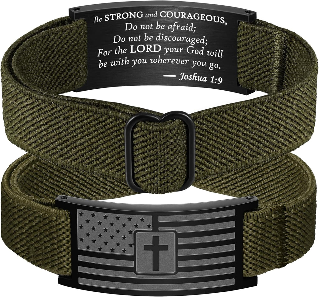 American Flag Cross Bible Verse Bracelets for Men, Military Green Elastic Stretch Strap Adjustable Jewelry Christian Religious Gifts for Teen Boys