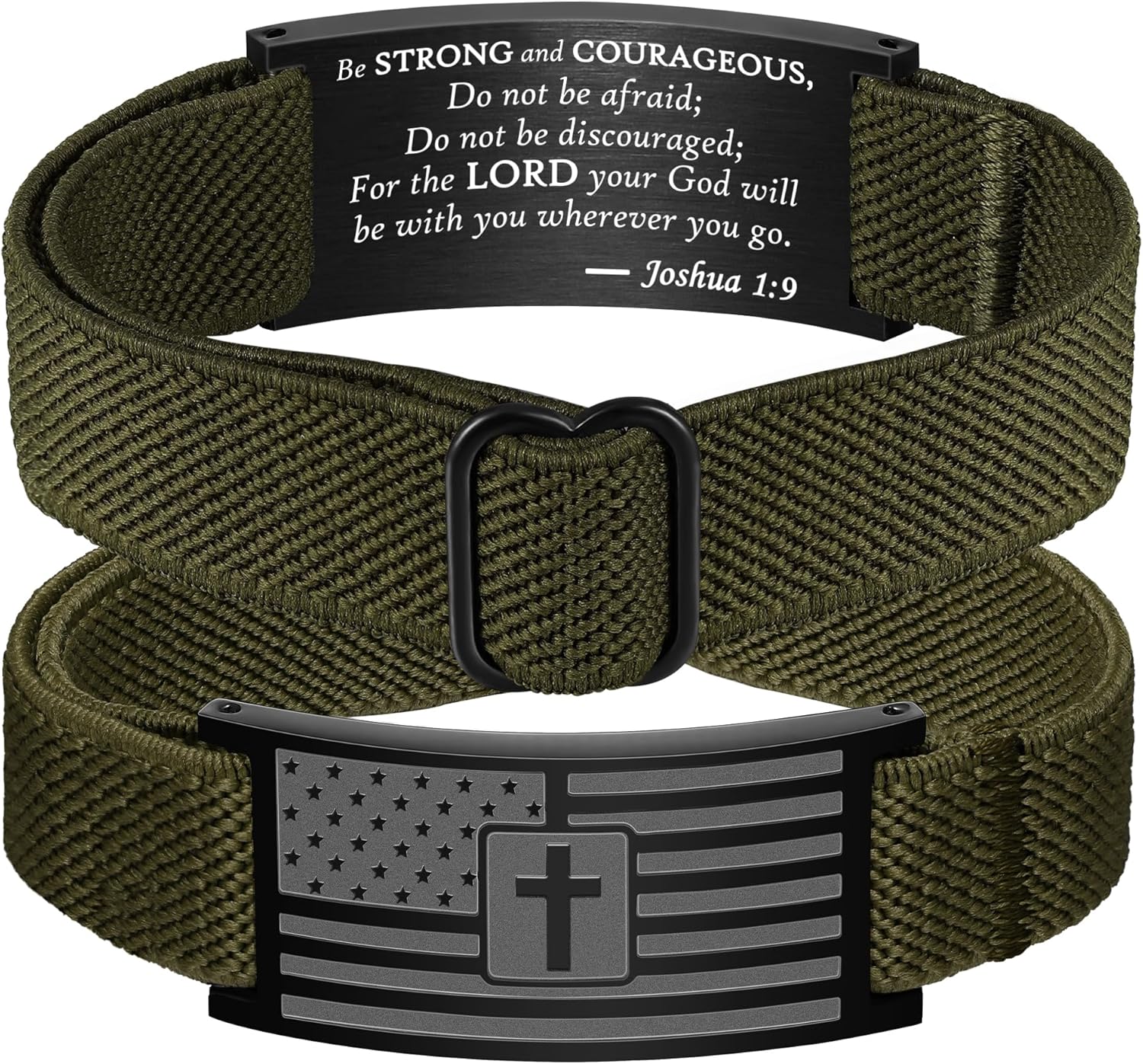 American Flag Cross Bible Verse Bracelets for Men, Military Green Elastic Stretch Strap Adjustable Jewelry Christian Religious Gifts for Teen Boys