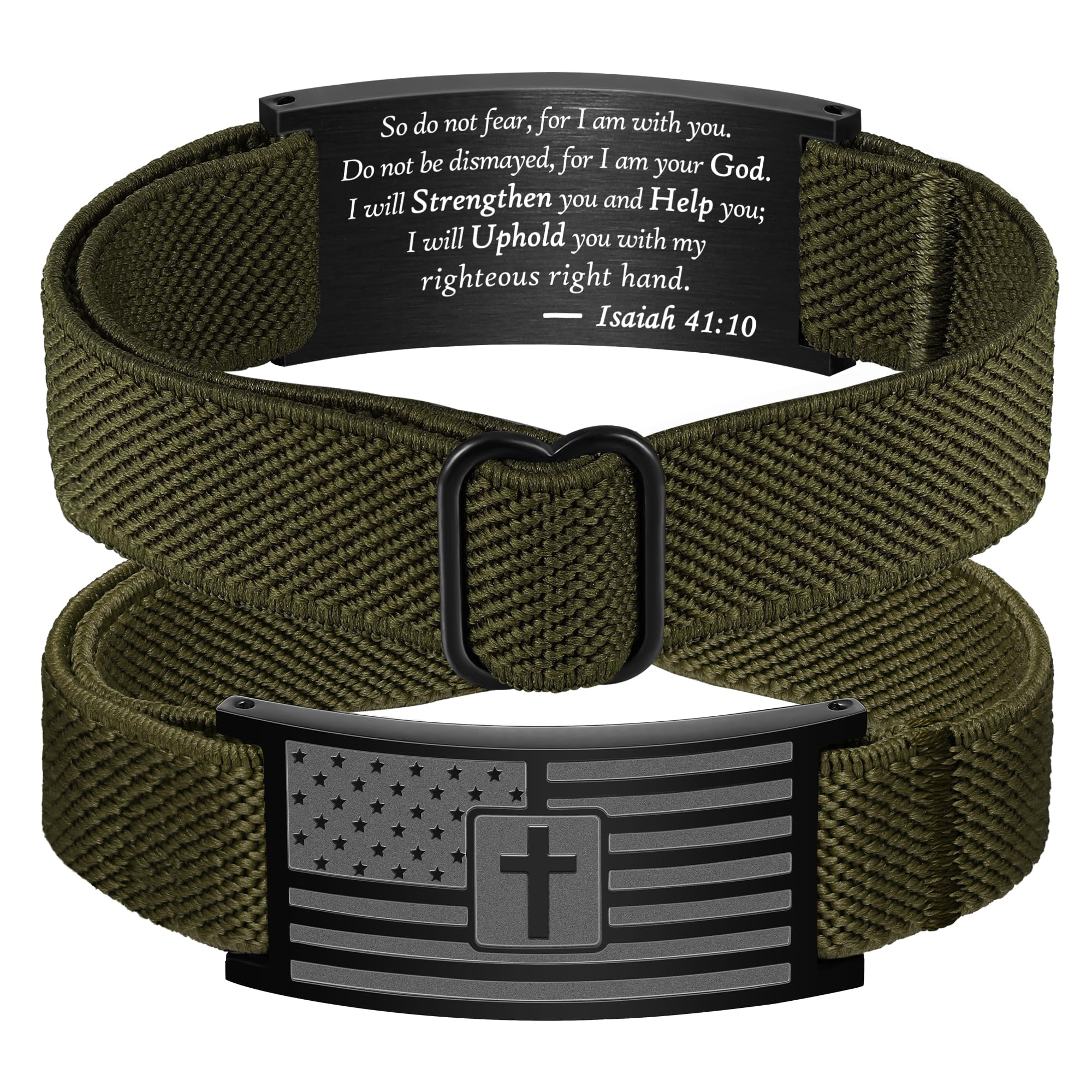 American Flag Cross Bible Verse Bracelets for Men, Military Green Elastic Stretch Strap Adjustable Jewelry Christian Religious Gifts for Teen Boys