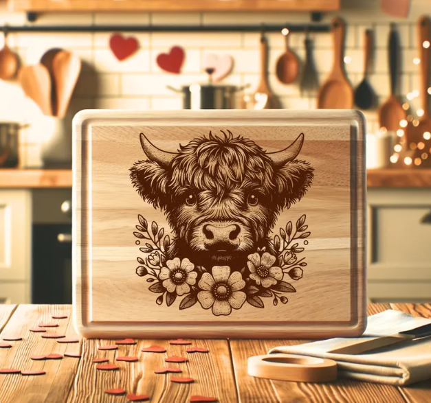 Highland Cow Cutting Board – Rustic Farmhouse Kitchen Décor & Gift