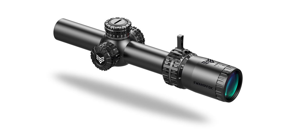 10 Ring Centerfire Scopes 10 Ring Swampfox Arrowhead LPVO Series Rifle Scope - 1-8x24 30mm SFP Red Guerrilla Dot BDC Long - Black