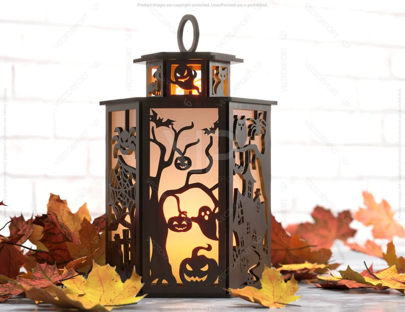 Halloween Candle Tealight Holder Pumpkin Witch Spider Lantern Spooky Scene Lamp