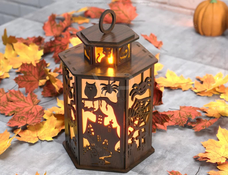 Halloween Candle Tealight Holder Pumpkin Witch Spider Lantern Spooky Scene Lamp