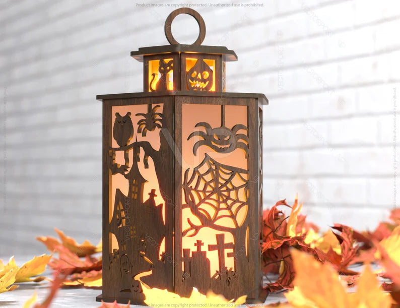 Halloween Candle Tealight Holder Pumpkin Witch Spider Lantern Spooky Scene Lamp